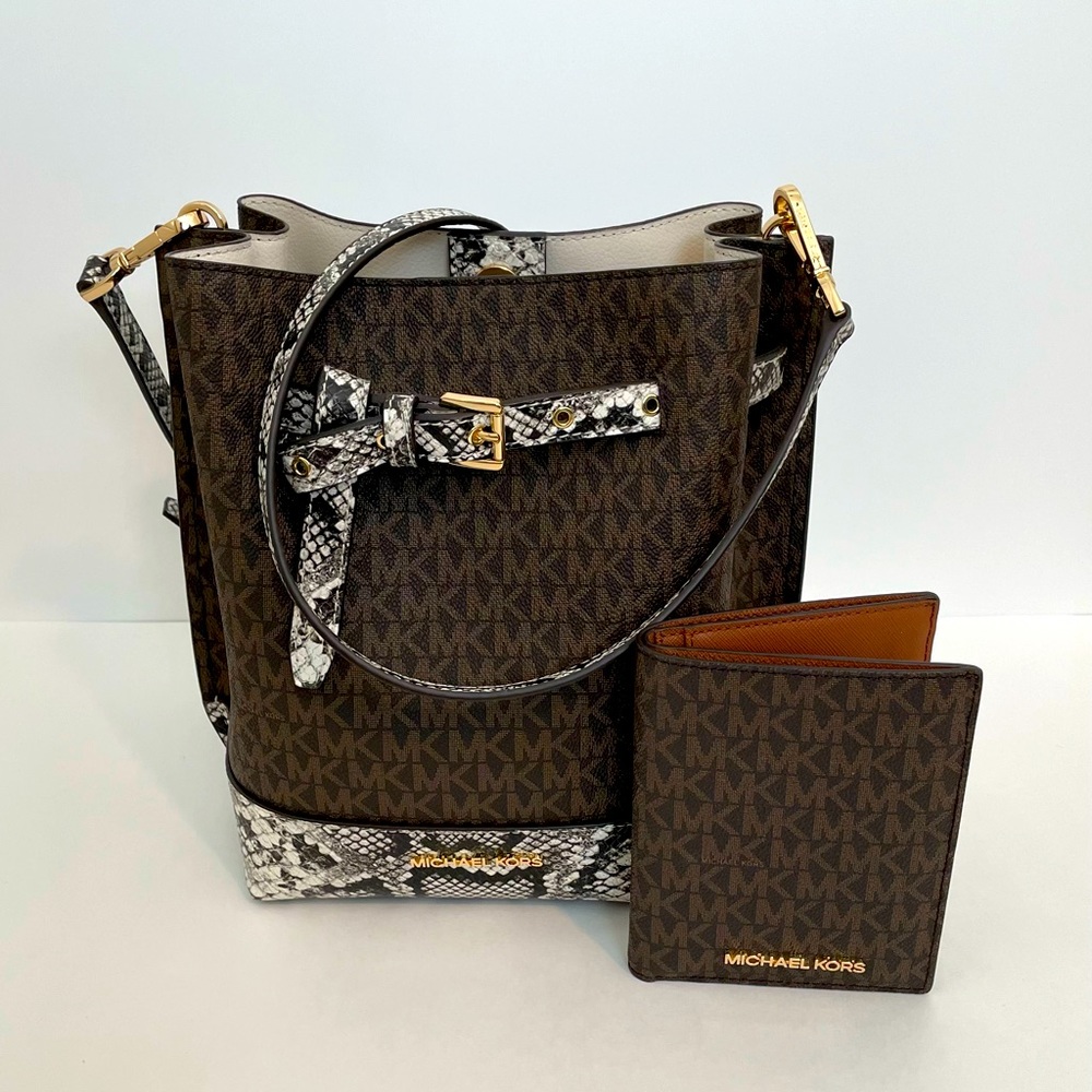 MICHAEL KORS brown signature/snakeskin bucket bag + passport wallet combo